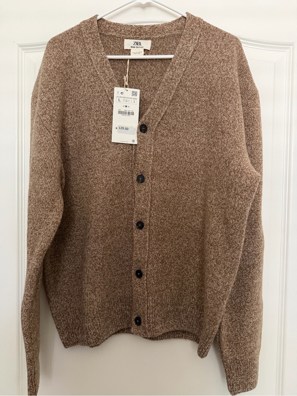 Zara Men’s Heathered Brown Button-Up V-Neck Cardigan NWT